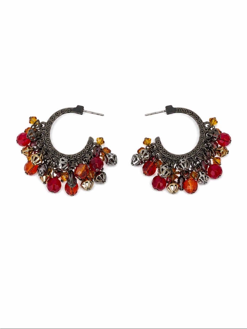 Boho Beaded Charm Hoop Earrings Red Orange Bronze Statement Dangles